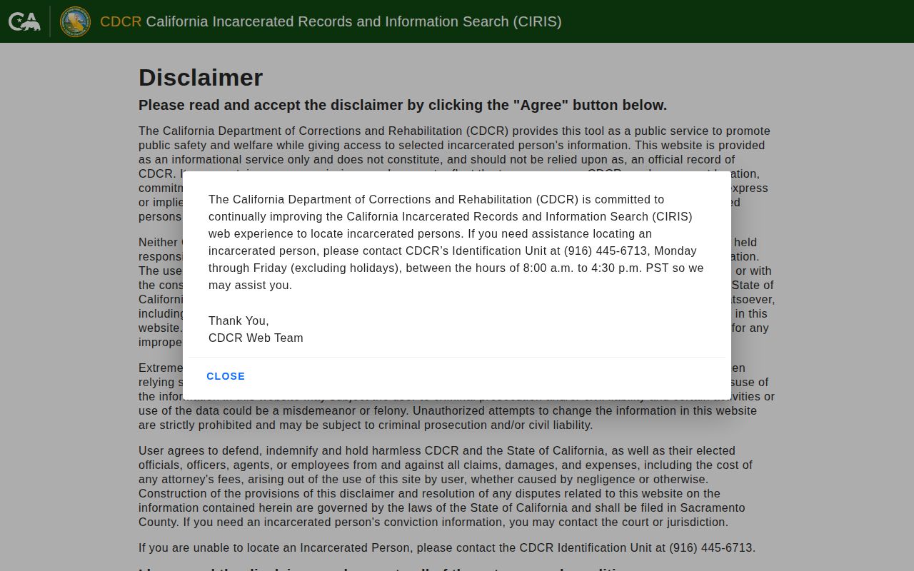 CDCR CIRIS search for Santa Clara County state custody records