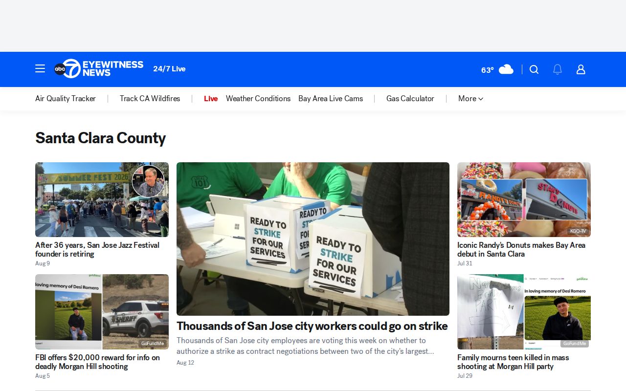ABC7 Santa Clara County news topic stream with mixed local crime and community reports