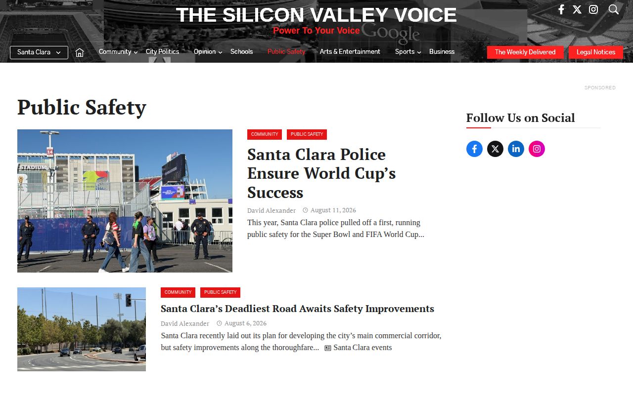 Silicon Valley Voice public safety news section for Santa Clara County arrest and crime coverage