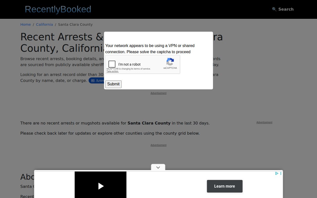 Unofficial RecentlyBooked Santa Clara County archive page showing potentially incomplete or stale mugshot coverage