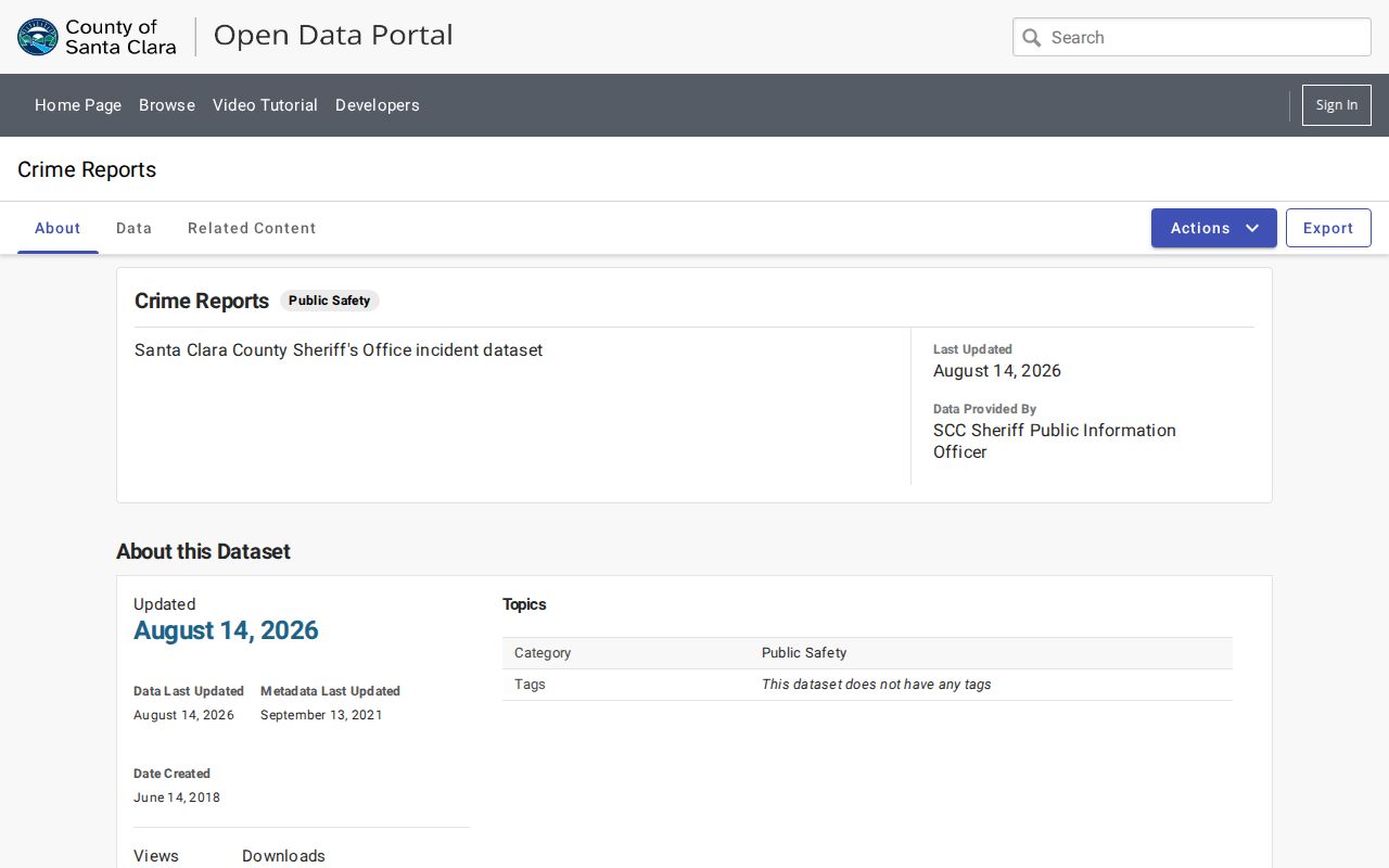 Santa Clara County Sheriff Crime Reports incident-data interface, not a wanted or warrant list
